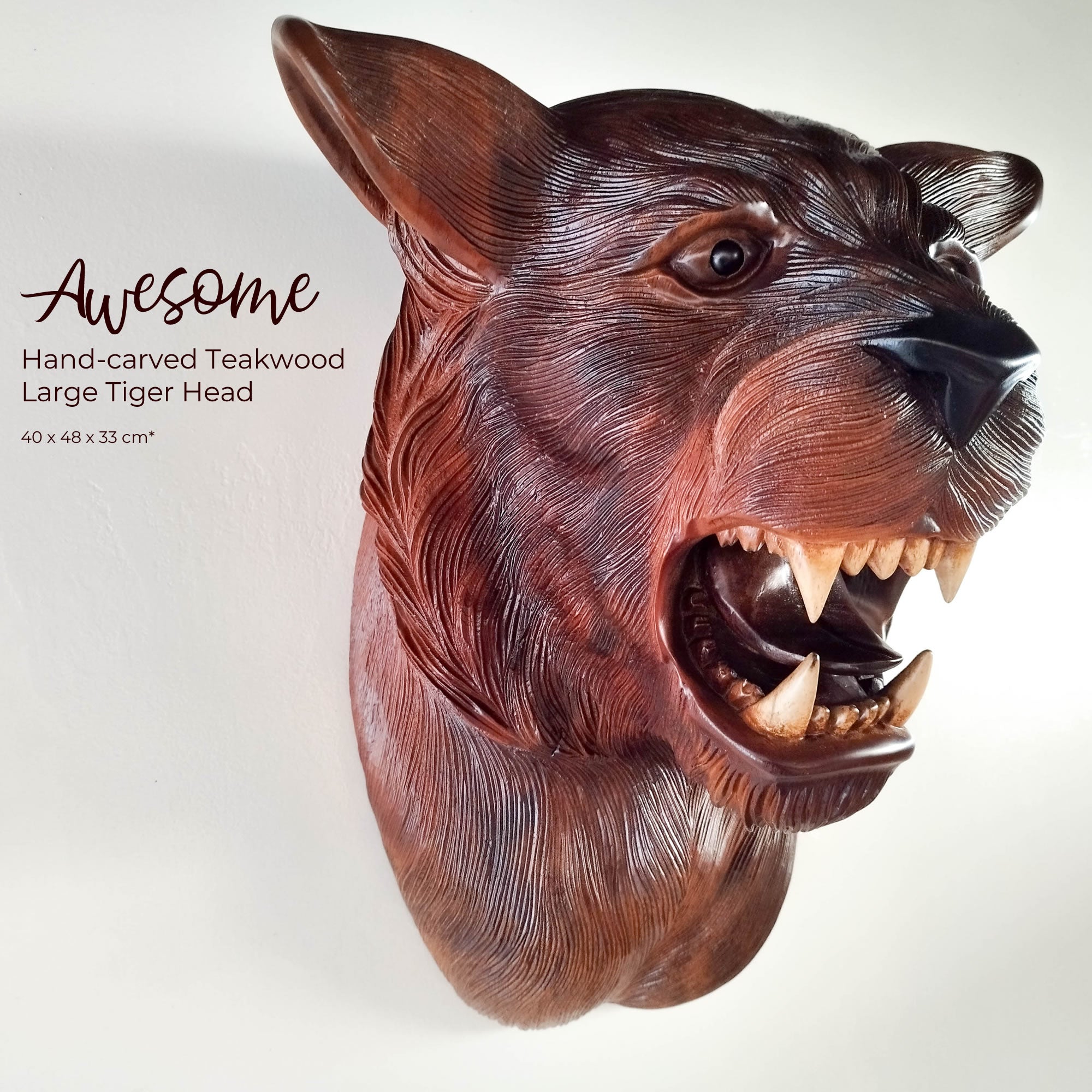 This stunning large hand-carved teakwood decorative African Tiger Lion head wall sculpture is simply amazing. Carved out of solid wood by hand with intricate details. This certainly will be an eye-catching feature in any room and a talking point. 