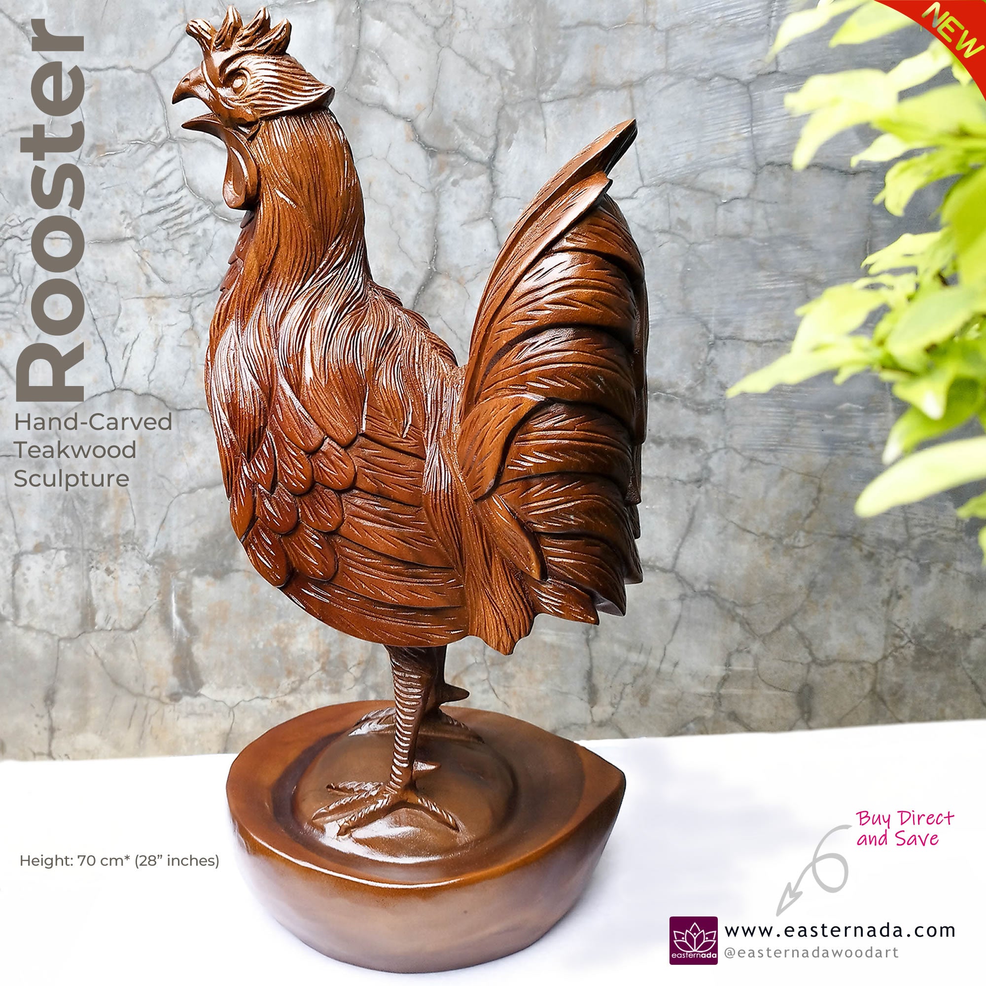 This stunning large hand-carved teakwood decorative Rooster Chicken sculpture is quite impressive and unique gift. Easternada