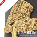 Large 90cm square hand-carved teakwood Bonsai Tree of Life; gold-painted tree on dark mahogany wood background.