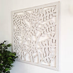Hand Carved Tree of Life Wooden Sculpture Wall Art Hanging - Distressed Rustic White Shabby Chic Bohemian Boho Style Unique Gift.