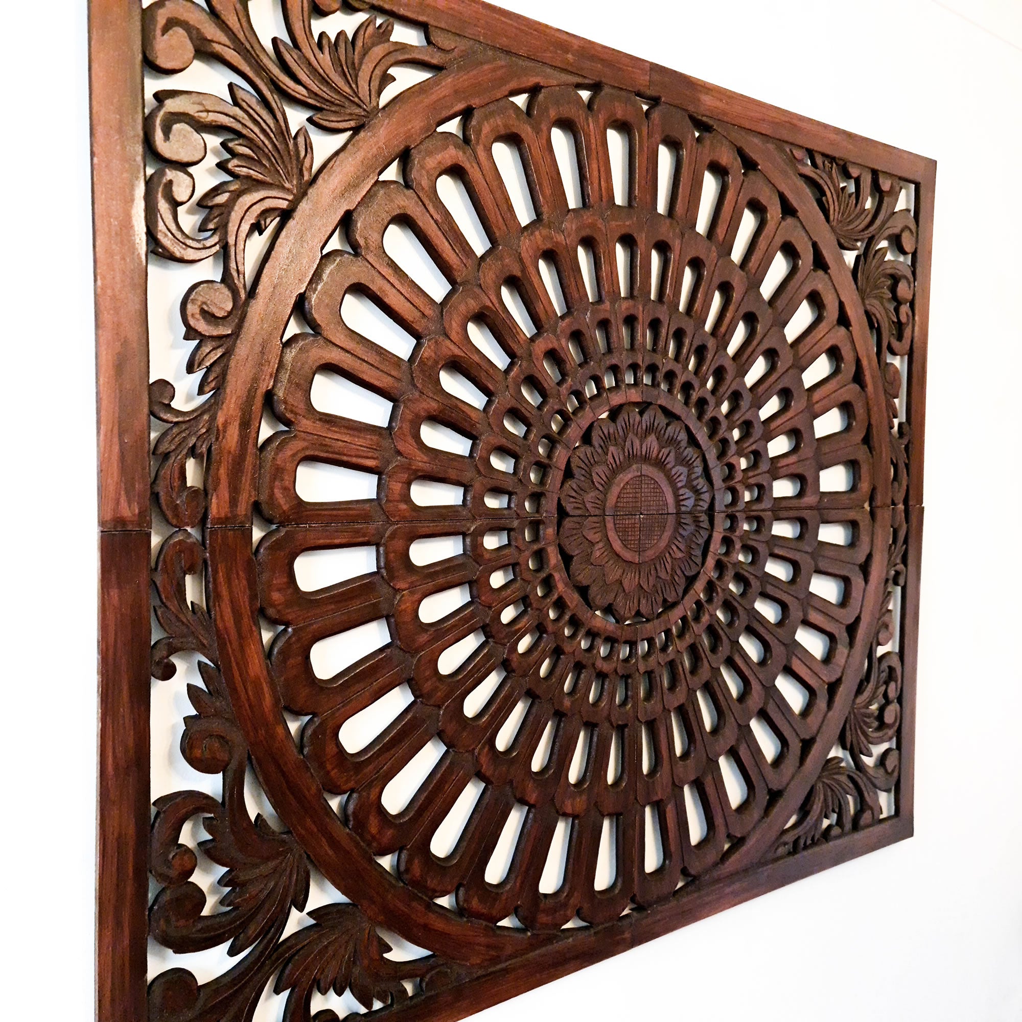 Stunning Large Hand-Carved Decorative Wooden Wall Art Mandala. This beauty is great for decorating your interior walls for an eye-catching backdrop. 