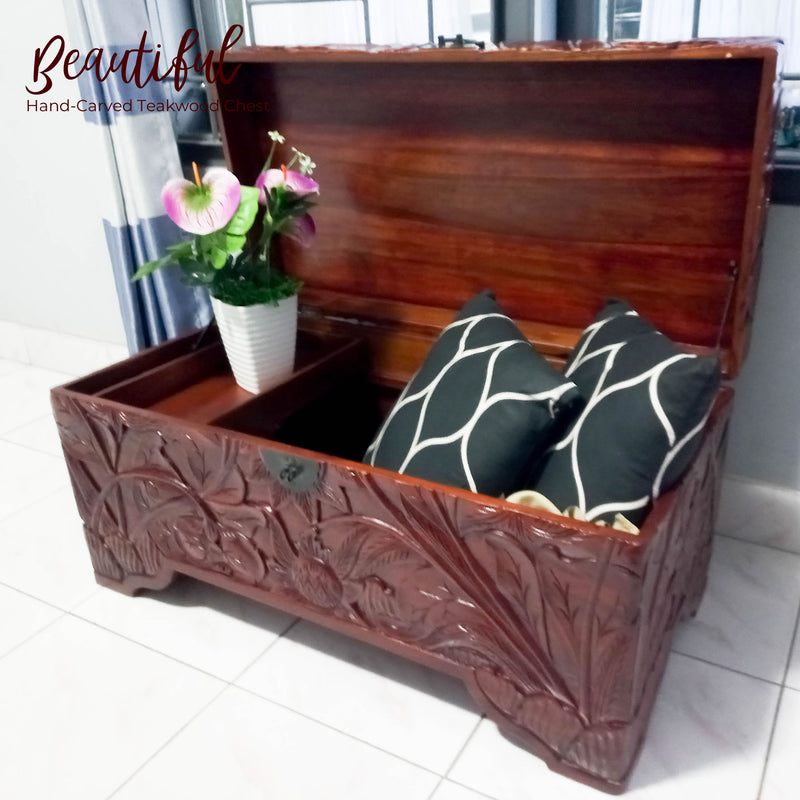 One-of-a-kind hand-carved teakwood storage ottoman with intricate 3D floral carvings, luxury solid wood statement furniture by Easternada.