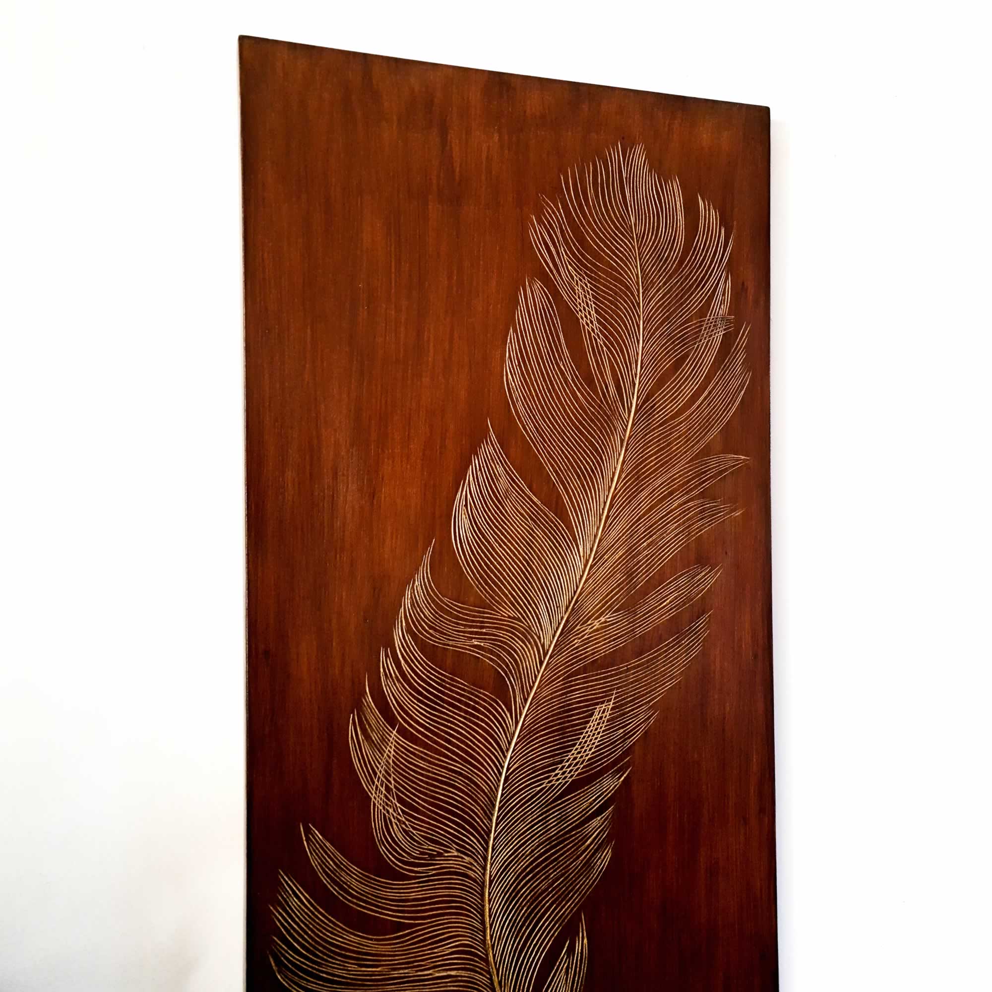 Golden Feather - Hand Carved Wooden Decorative Wall Art Sculpture Bohemian Wall Room Hanging Decor Easternada