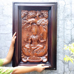 Hindu Goddess Laxmi Hand-Carved Teakwood Decorative Sculpture Mandir Wall Art