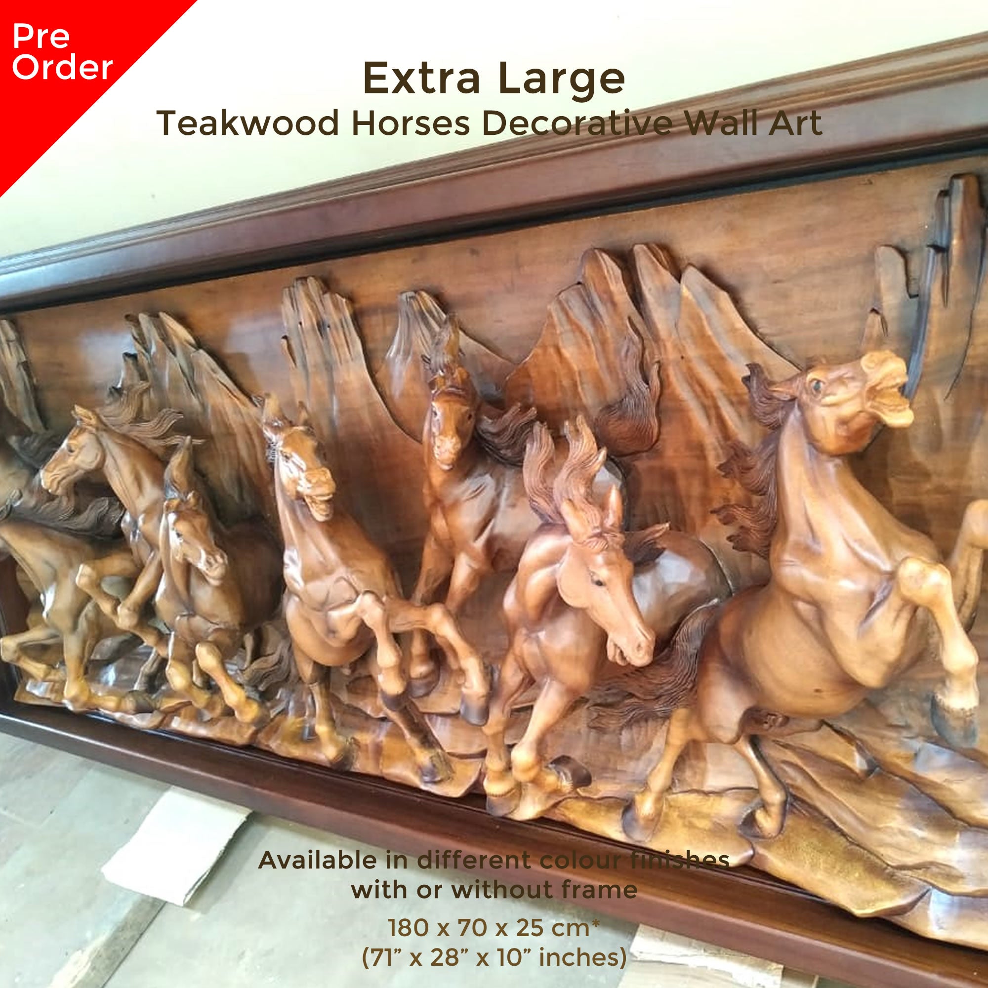 Extra large king-size teakwood hand-carved running wild horses sculpture art for a perfect backdrop in any room, hallway or as a headboard.