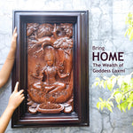 Hindu Goddess Laxmi Hand-Carved Teakwood Decorative Sculpture Mandir Wall Art