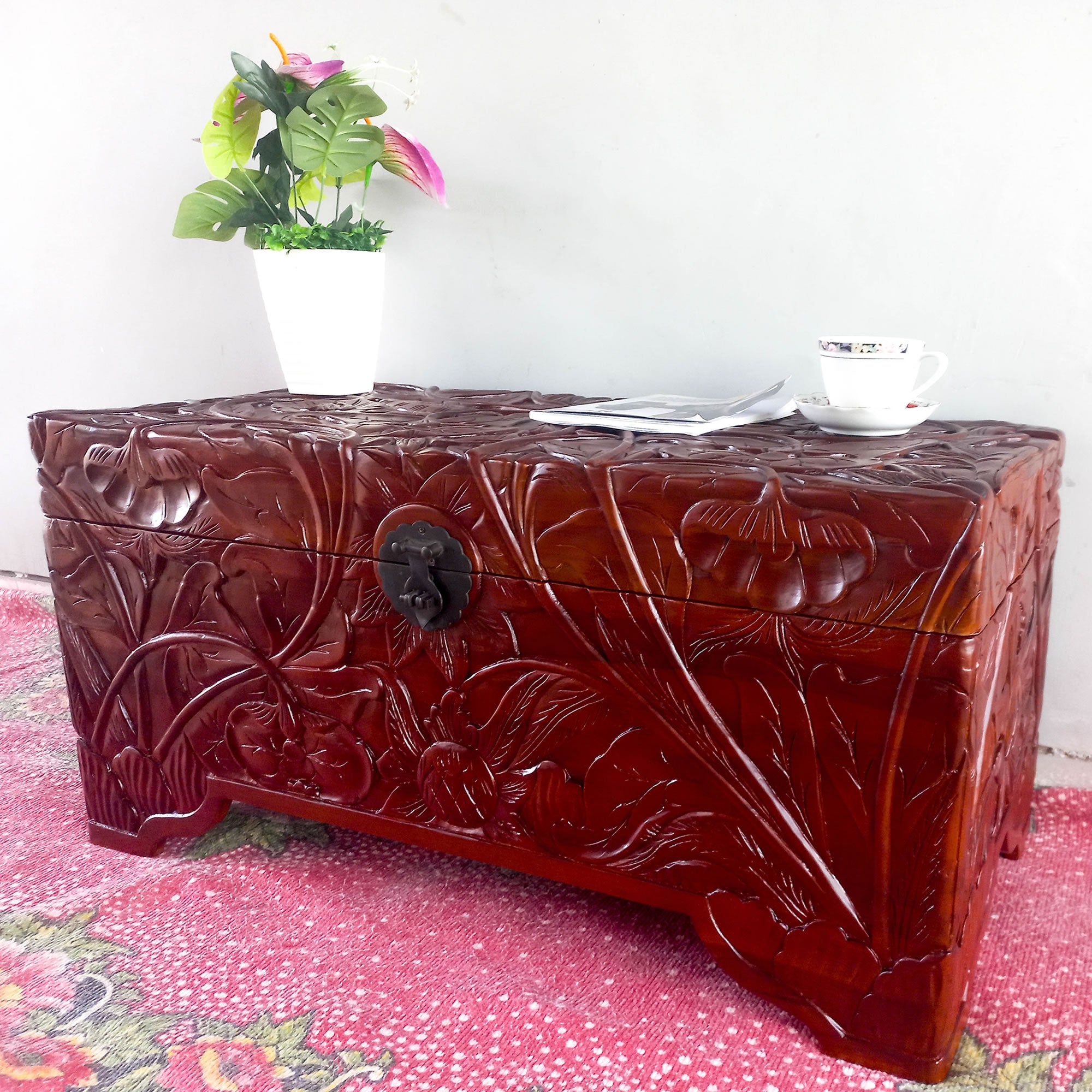 Hand-Carved Large Teakwood Storage Ottoman Decorative Furniture