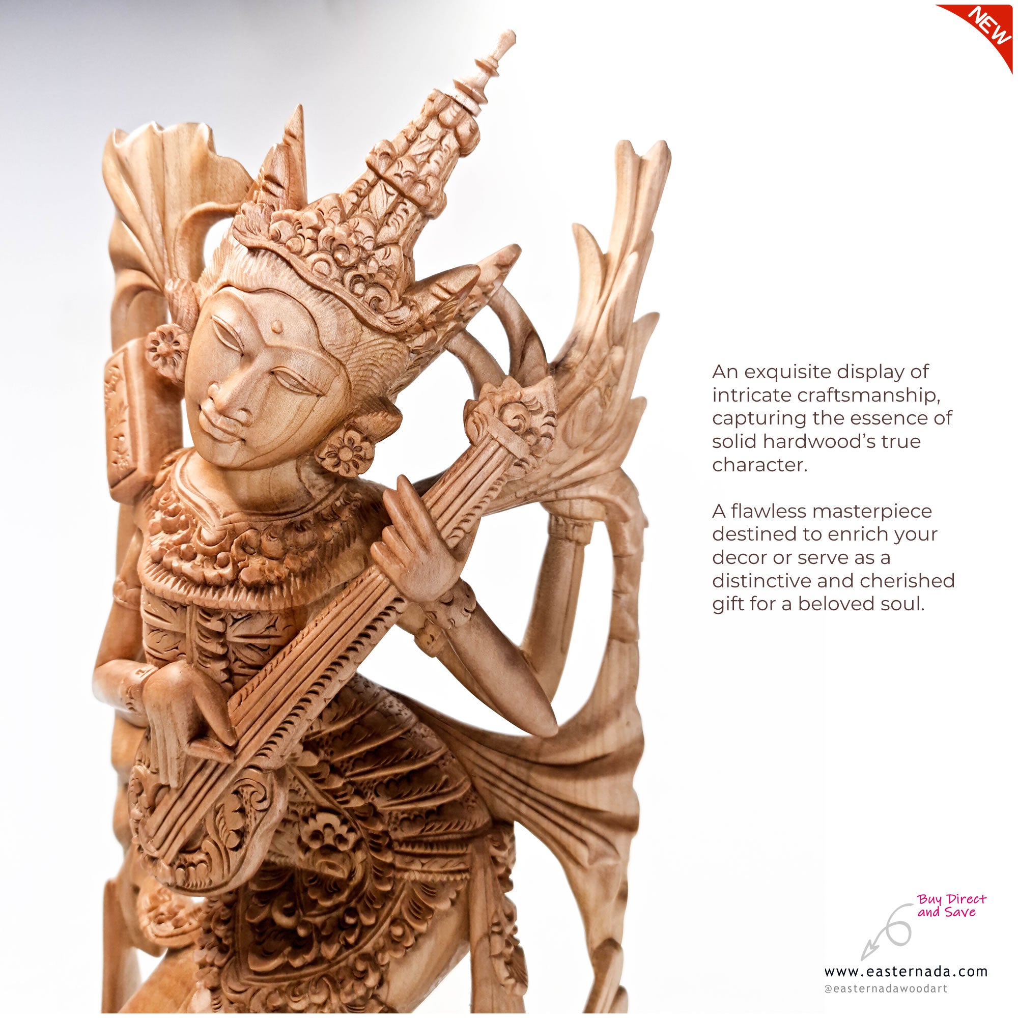 Saraswati Goddess Hand-carved wooden Sculpture Art Hindu Mandir Pooja