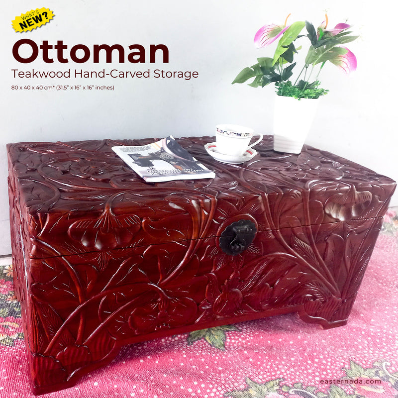 Hand-Carved Large Teakwood Storage Ottoman Decorative Furniture