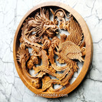 Side profile of the 4cm thick solid wood Dragon and Phoenix carving, showing the deep 3D relief layers and artisan chisel marks.