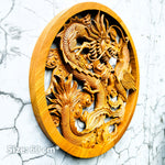 Side profile of the 4cm thick solid wood Dragon and Phoenix carving, showing the deep 3D relief layers and artisan chisel marks.