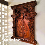 Side perspective of the 10cm thick solid teak Gebyok wall sculpture, showing the depth of the hand-chiseled wood layers