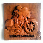 50cm square hand-carved solid teakwood wall art depicting a rider on a classic V-twin motorcycle
