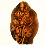 Front view of a hand-carved solid teakwood rose bouquet wall art, showing intricate floral detailing and the natural wood grain of the 40cm sculpture