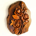 Front view of a hand-carved solid teakwood rose bouquet wall art, showing intricate floral detailing and the natural wood grain of the 40cm sculpture