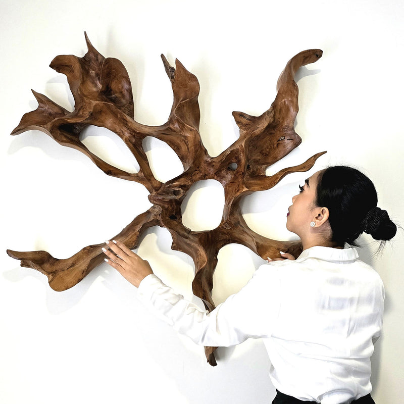 A unique teakwood root sculpture that serves as stunning wall art. This one-of-a-kind masterpiece will be the focal point in any room.