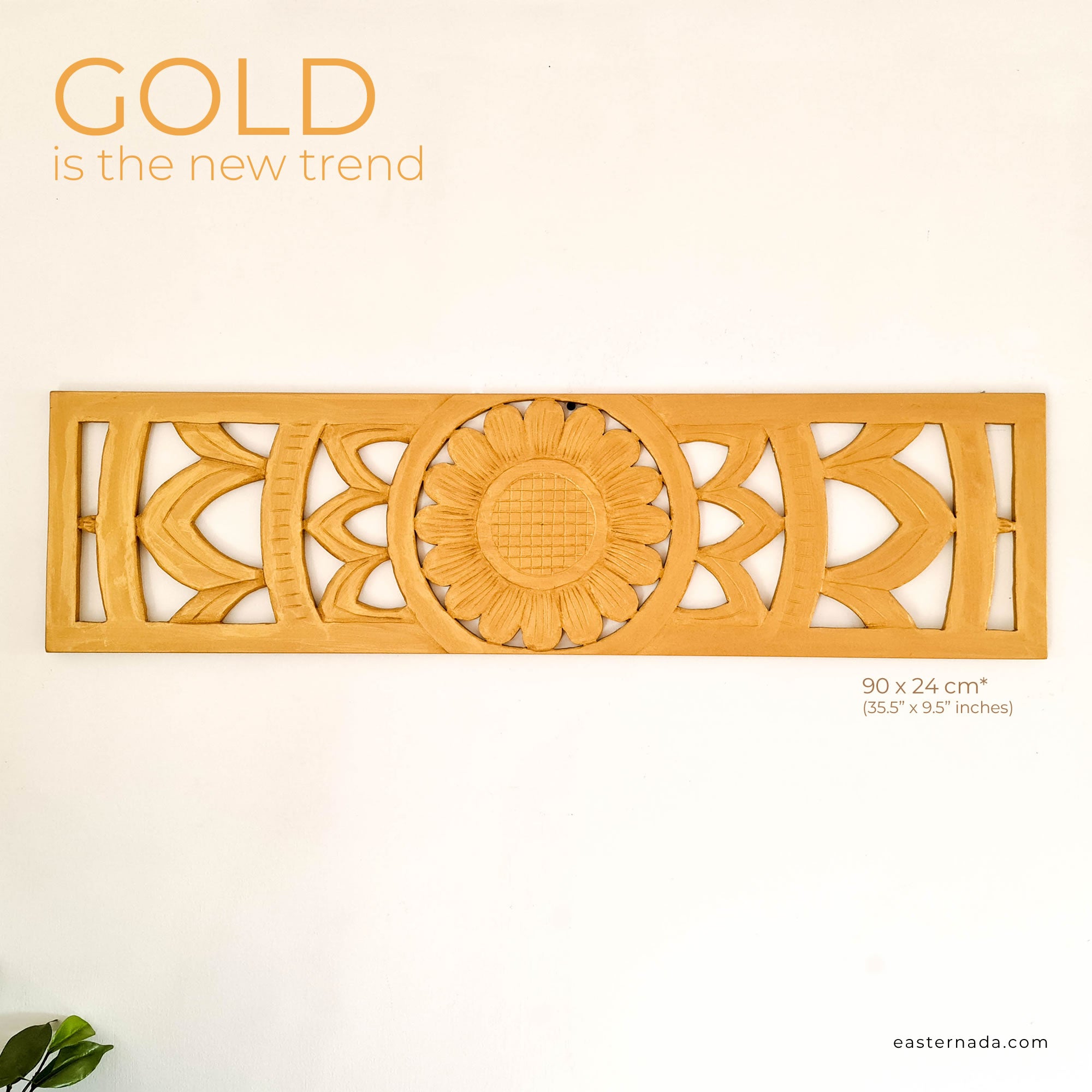 Carved Wooden Decorative Long Panel Art Sculpture Gold Mandala Headboard. Hand crafted by skilled craftsmen this piece is unique and simply amazing