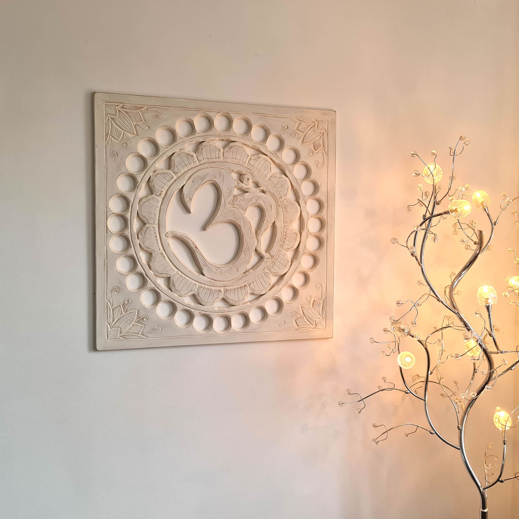 Handmade Carved Wooden Decorative Wall Art OM Mantra Distressed White