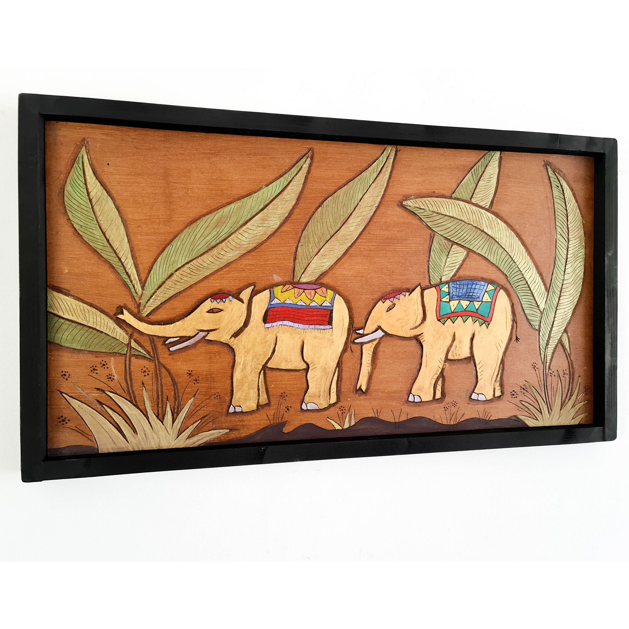 Golden Jungle African Elephants - Hand Carved Wooden Wall Art