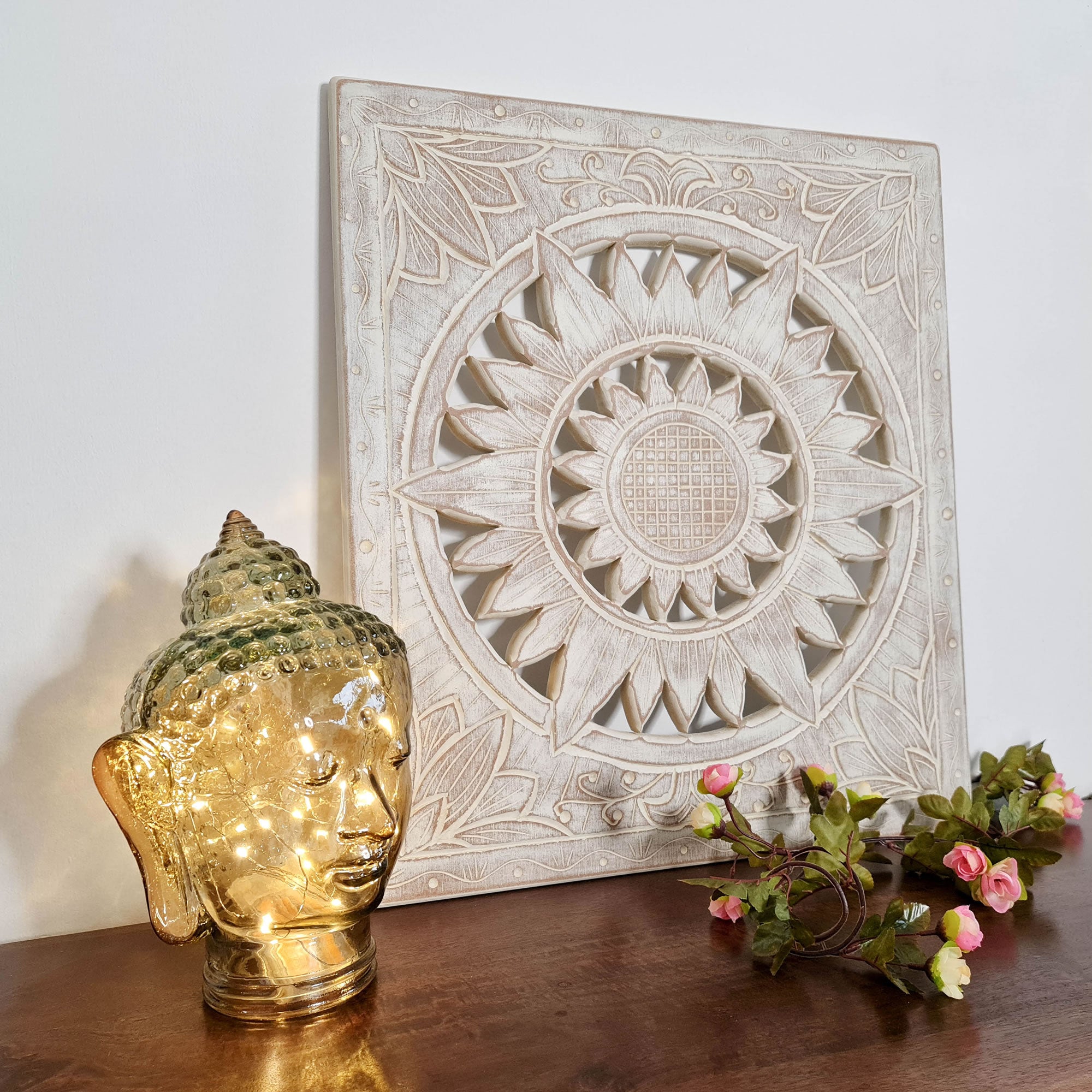 Carved Wooden Wall Art - Decorative Mandala Yoga Distressed Eco Panel Headboard Sculpture Easternada Gift