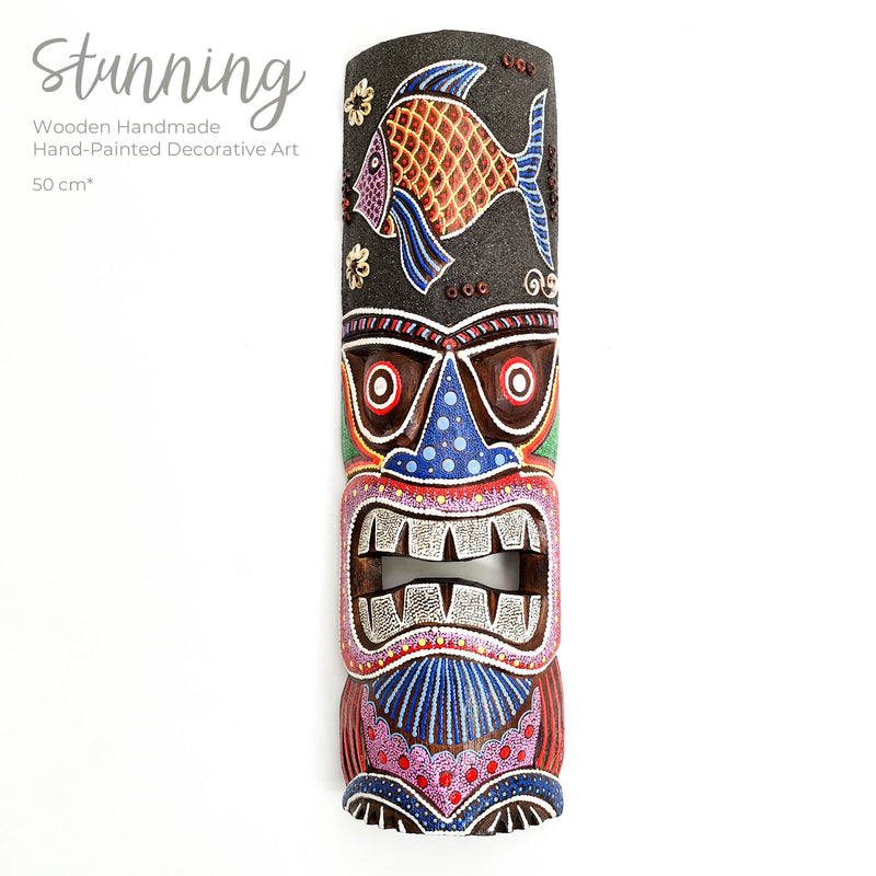 Hawaiian Tiki Mask Wall Hanging - Hand Carved painted wooden Tropical Aboriginal decoration