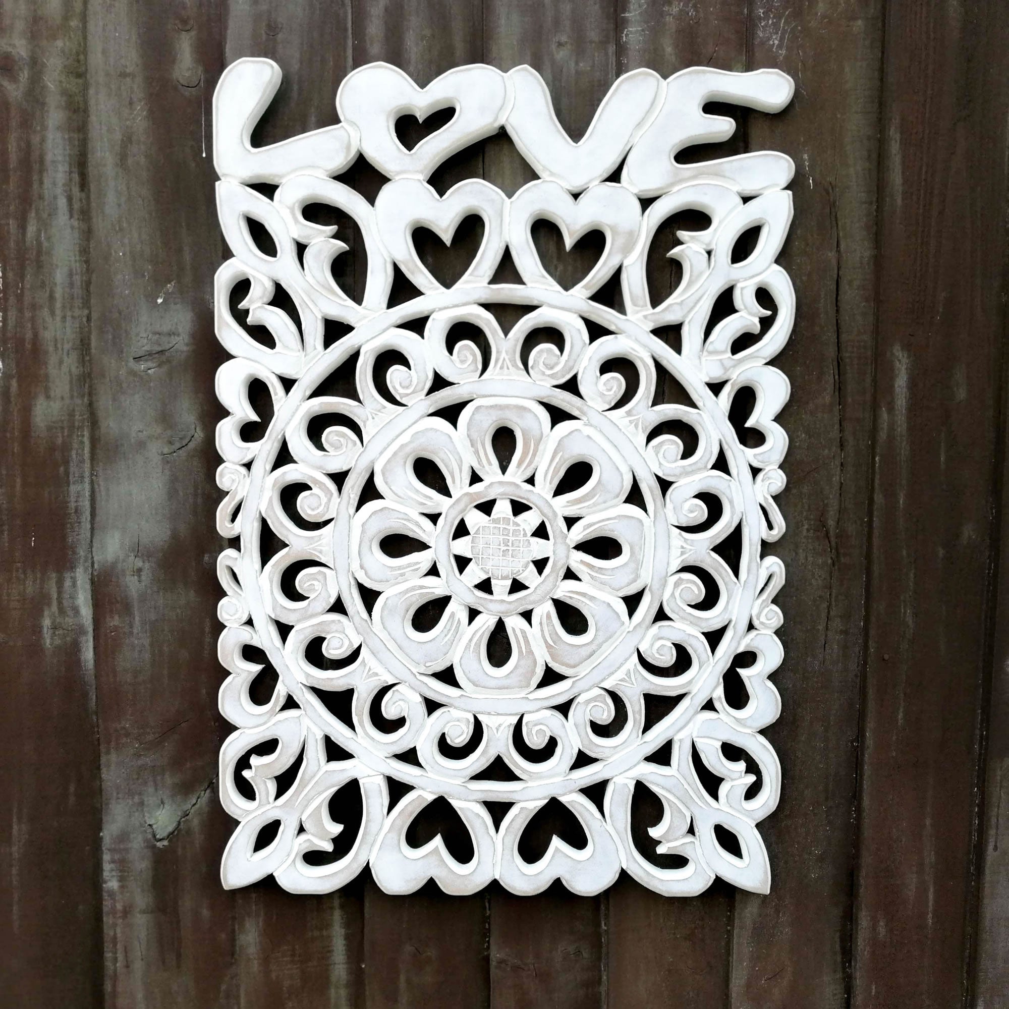 Handmade Carved Wooden Decorative Wall Art Lotus Headboard Panel LOVE