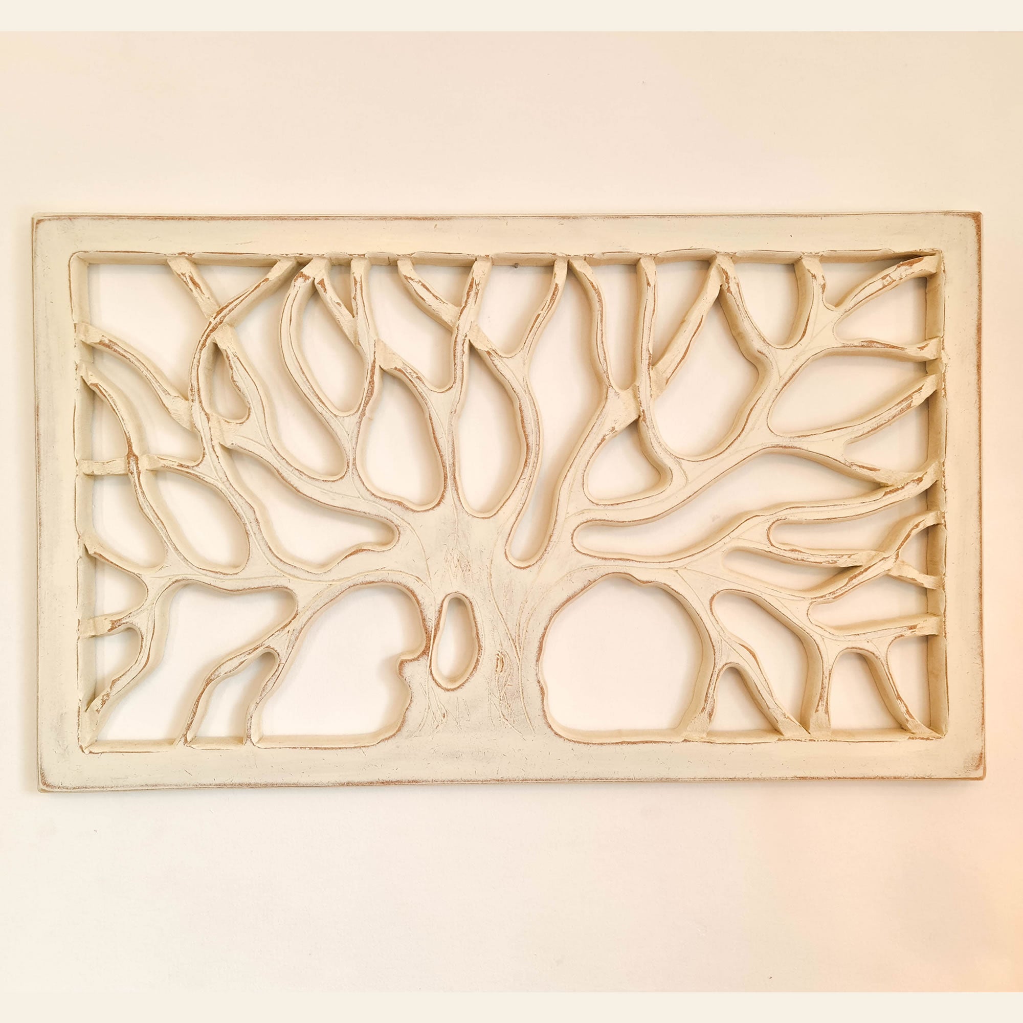 Hand Carved Shabby Chic Wooden Tree of Life Wall Art - Decorative Distressed White