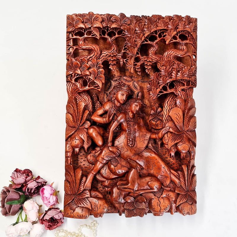 Hand Carved Wooden Hindu God - Radha Krishna Sculpture Art Mandir 