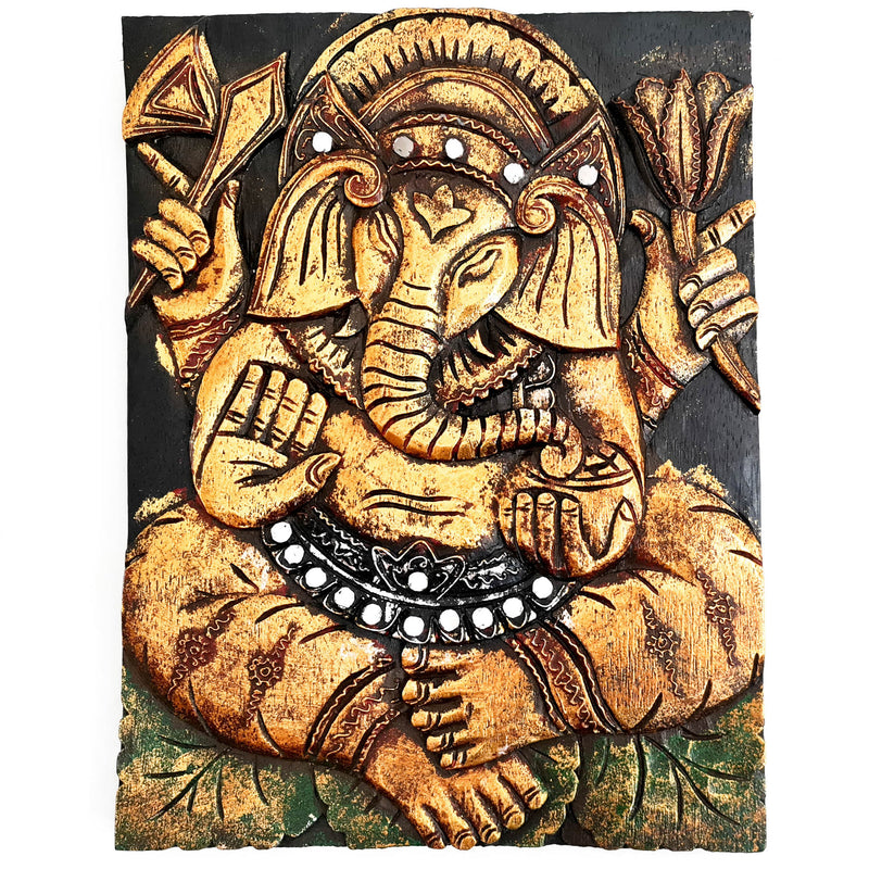 Hand Carved Painted Golden Ganesh Hindu God Mandir Wood Art Sculpture