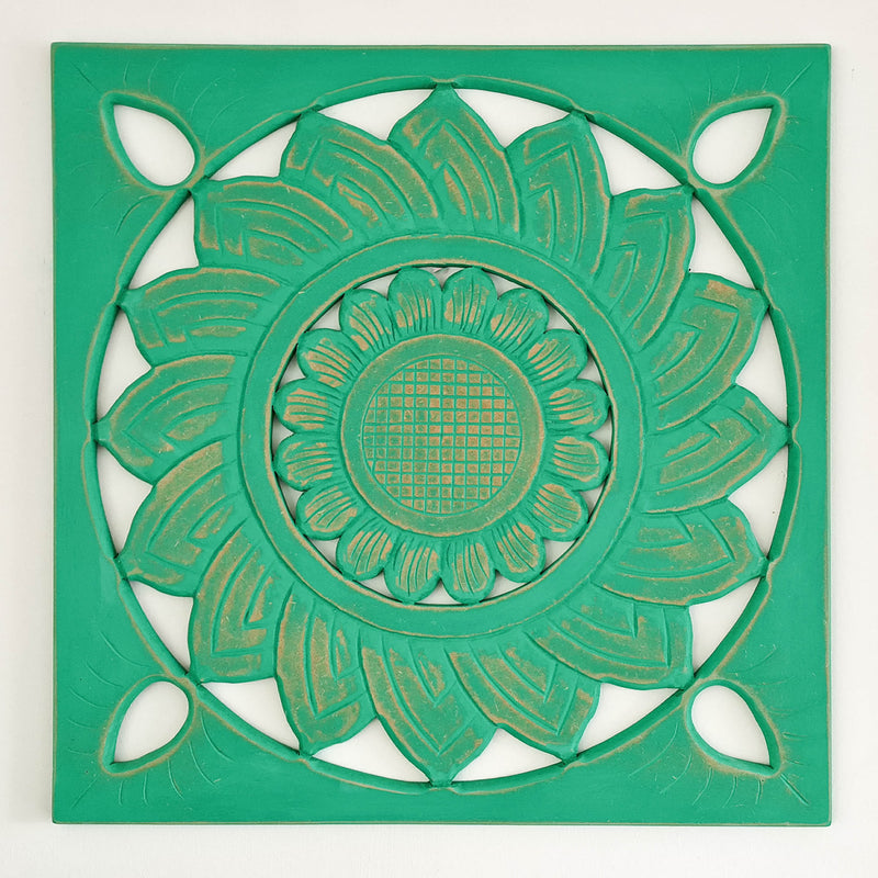 Hand Carved Wooden Wall Art - Square Decorative Mandala Turquoise