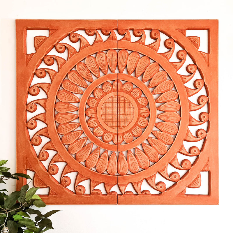 Hand Carved Wooden Wall Art - Large Decorative Mandala Rustic Copper Headboard Sculpture