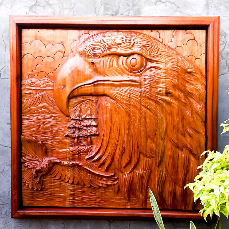 Hand Carved American Bald Eagle Bird Decorative Teakwood Sculpture Wall Art