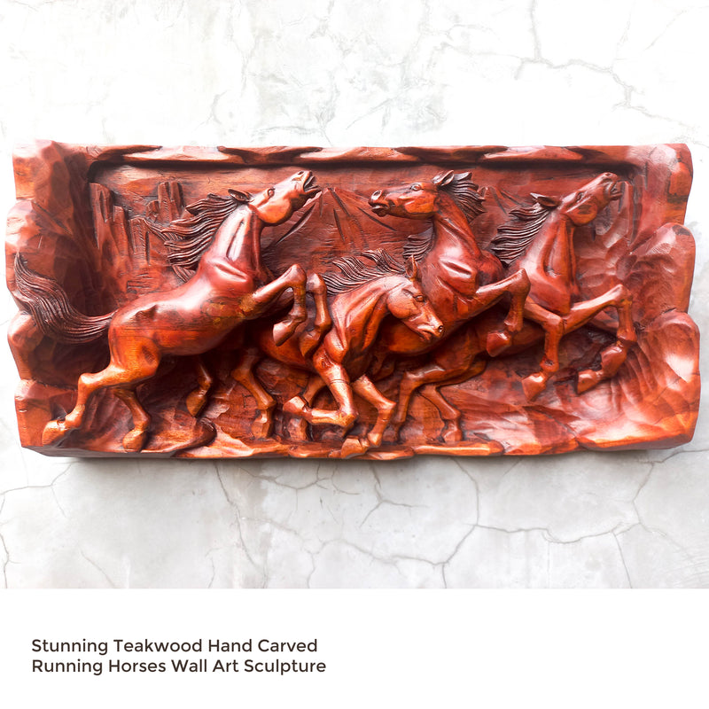 Hand Carved Teak Wood Wild Running Horses Decorative Sculpture Wall Art