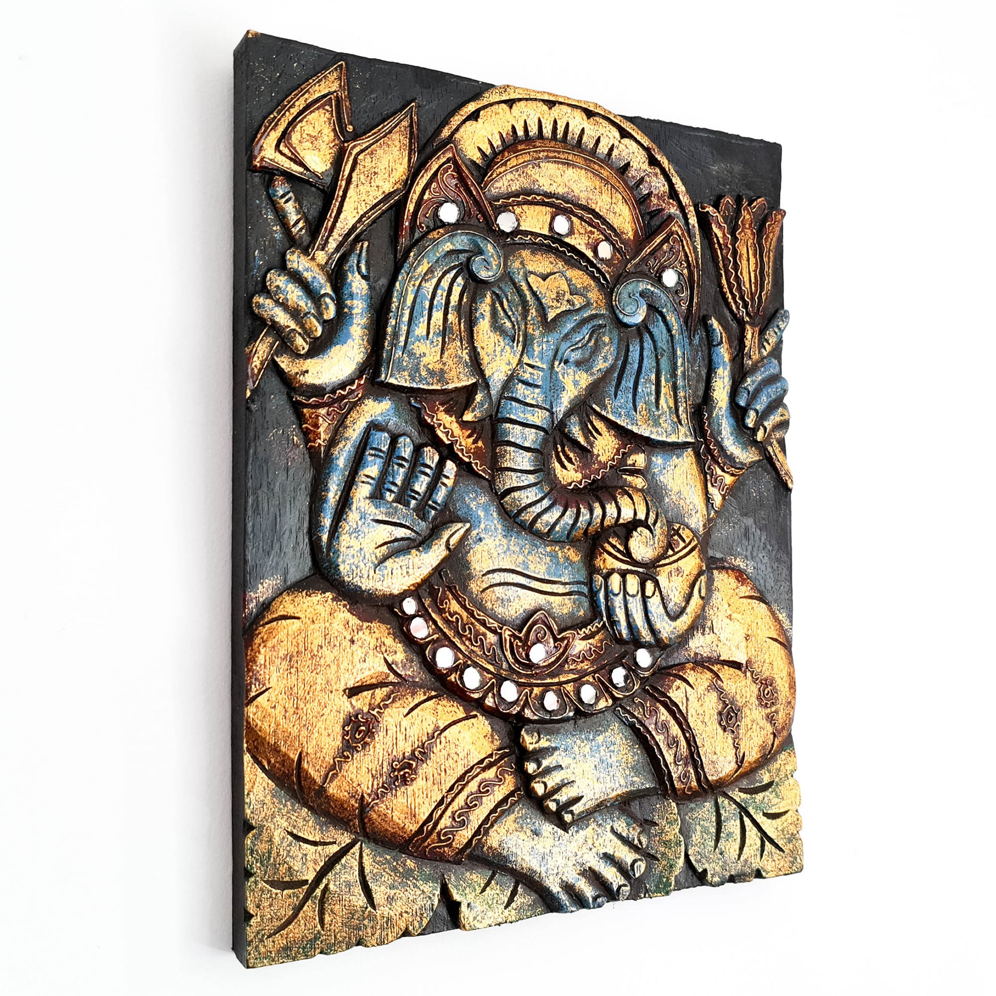 Hand Carved Painted Golden Ganesh Hindu God Mandir Wood Art Sculpture