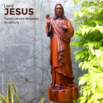 Hand-carved out of solid hardwood this sculpture is quite unique and rare. The image depicts the Lord Jesus Christ with beautiful detail. A stunning Masterpiece. Bring home the blessings of Jesus The Savior
