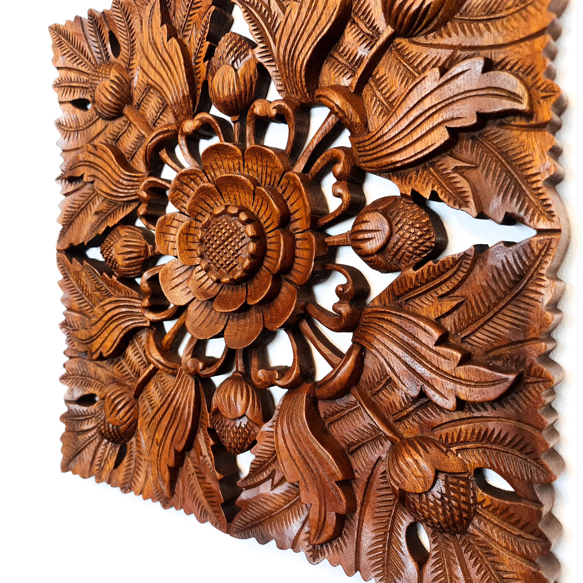 Wild Lotus Flower Carved Wooden Hand Carved Decorative Panel Sculpture Nature Garden plants -Easternada
