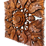 Wild Lotus Flower Carved Wooden Hand Carved Decorative Panel Sculpture Nature Garden plants -Easternada