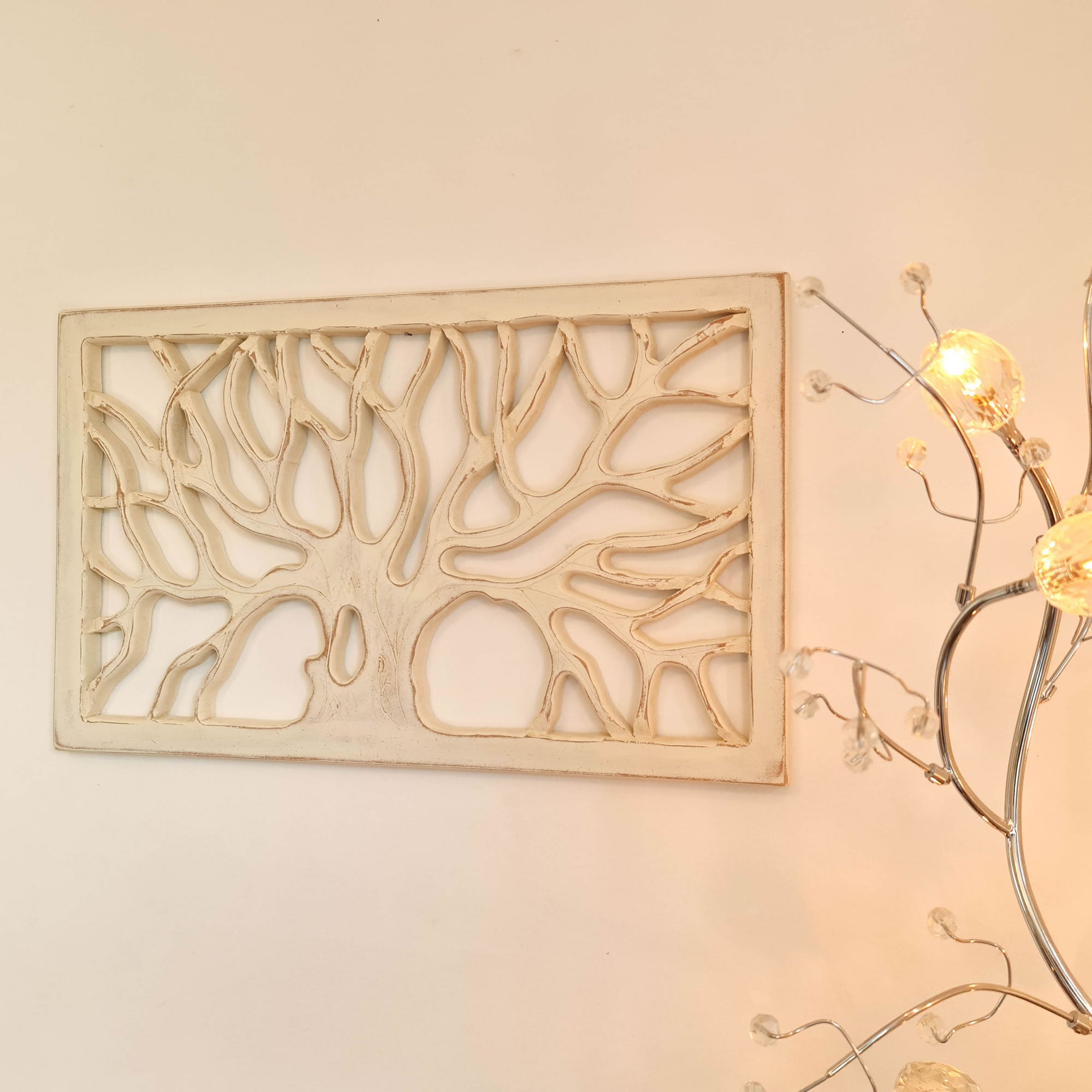 Hand Carved Shabby Chic Wooden Tree of Life Wall Art - Decorative Distressed White