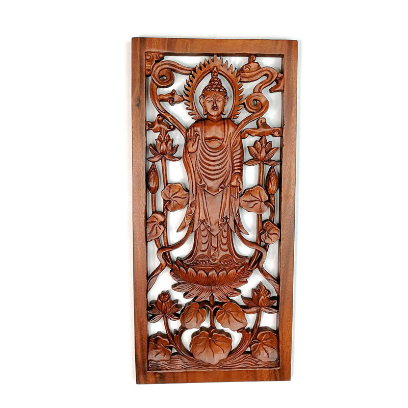 Hand Carved Wooden Wall Art Decorative Standing Buddha Peace Yoga Meditation