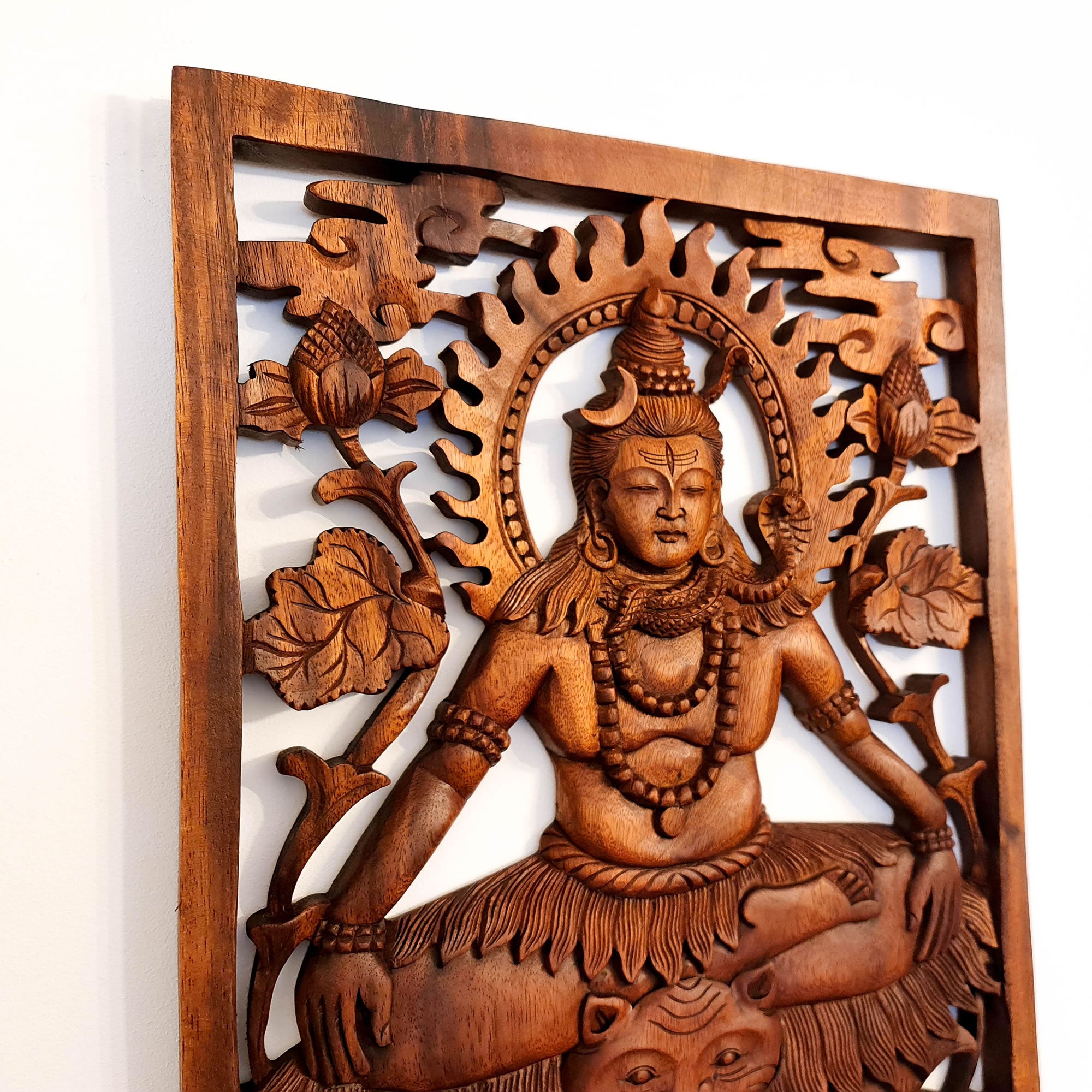 Lord Shiva Siva Carved Wooden Decorative Panel Sculpture Mandir Hindu Art Décor 