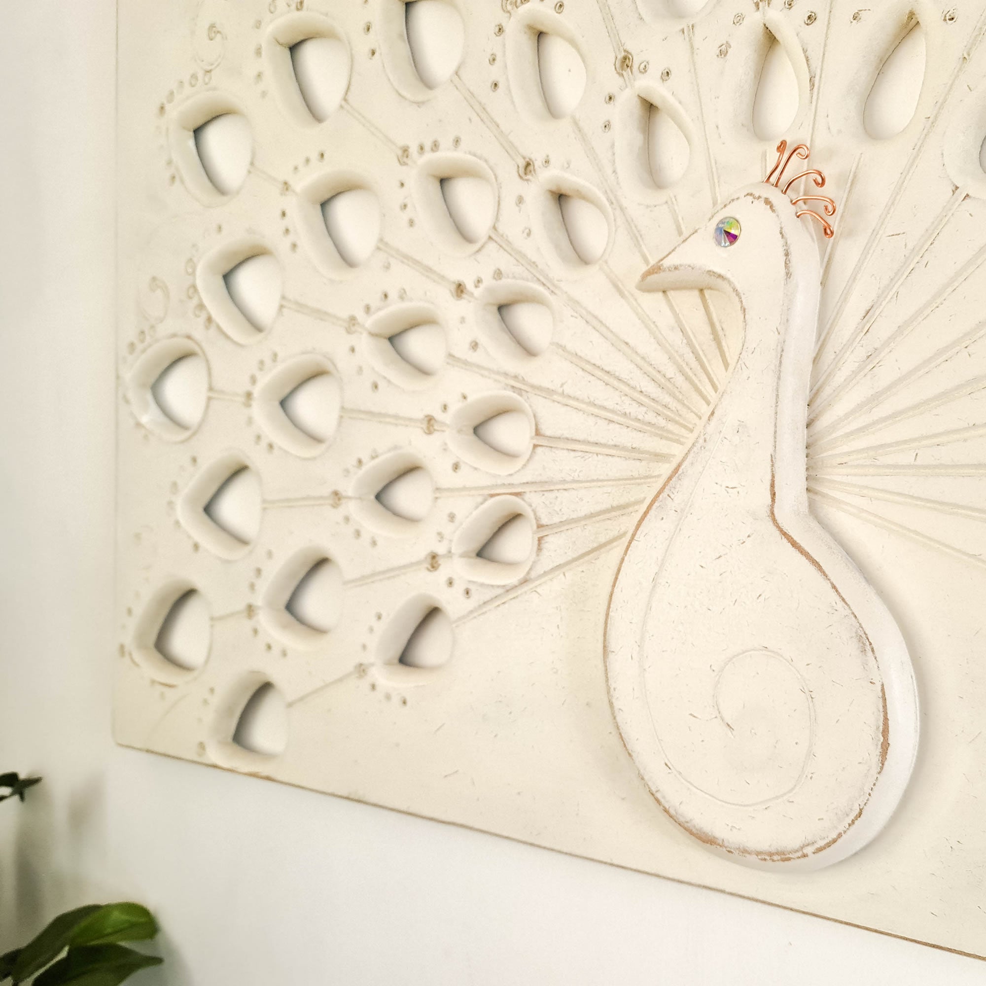 Peacock Hand Carved Wooden Decorative Sculpture Wall Art Distressed White Headboard Shabby Chic