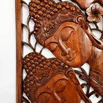 Three Buddha Peace Meditation Yoga Teak Wood Wall Art Long - Easternada