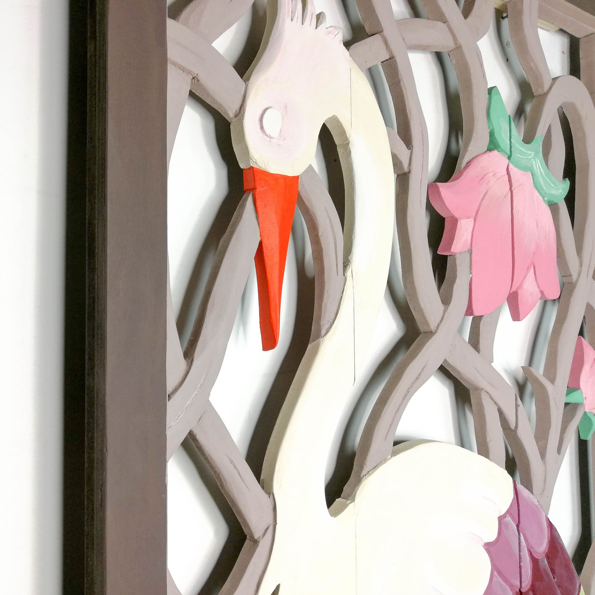 Carved Painted Wooden Wall Art - Large Headboard Decorative Bird Panel