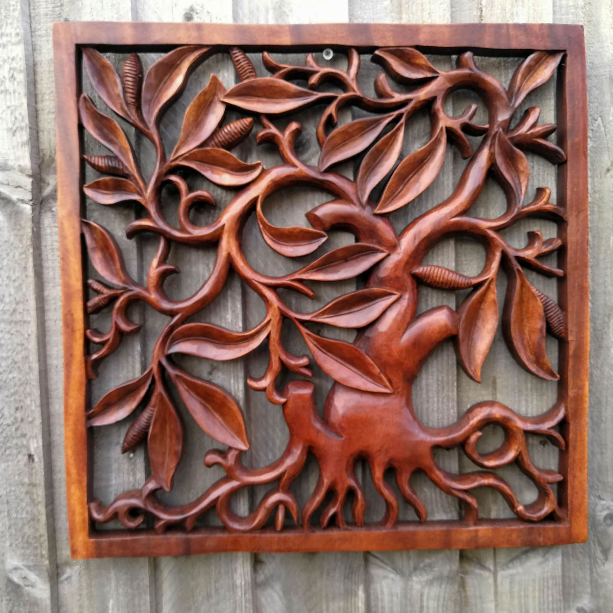 Hand Carved Wooden Decorative Panel Art Sculpture Tree of Fortune