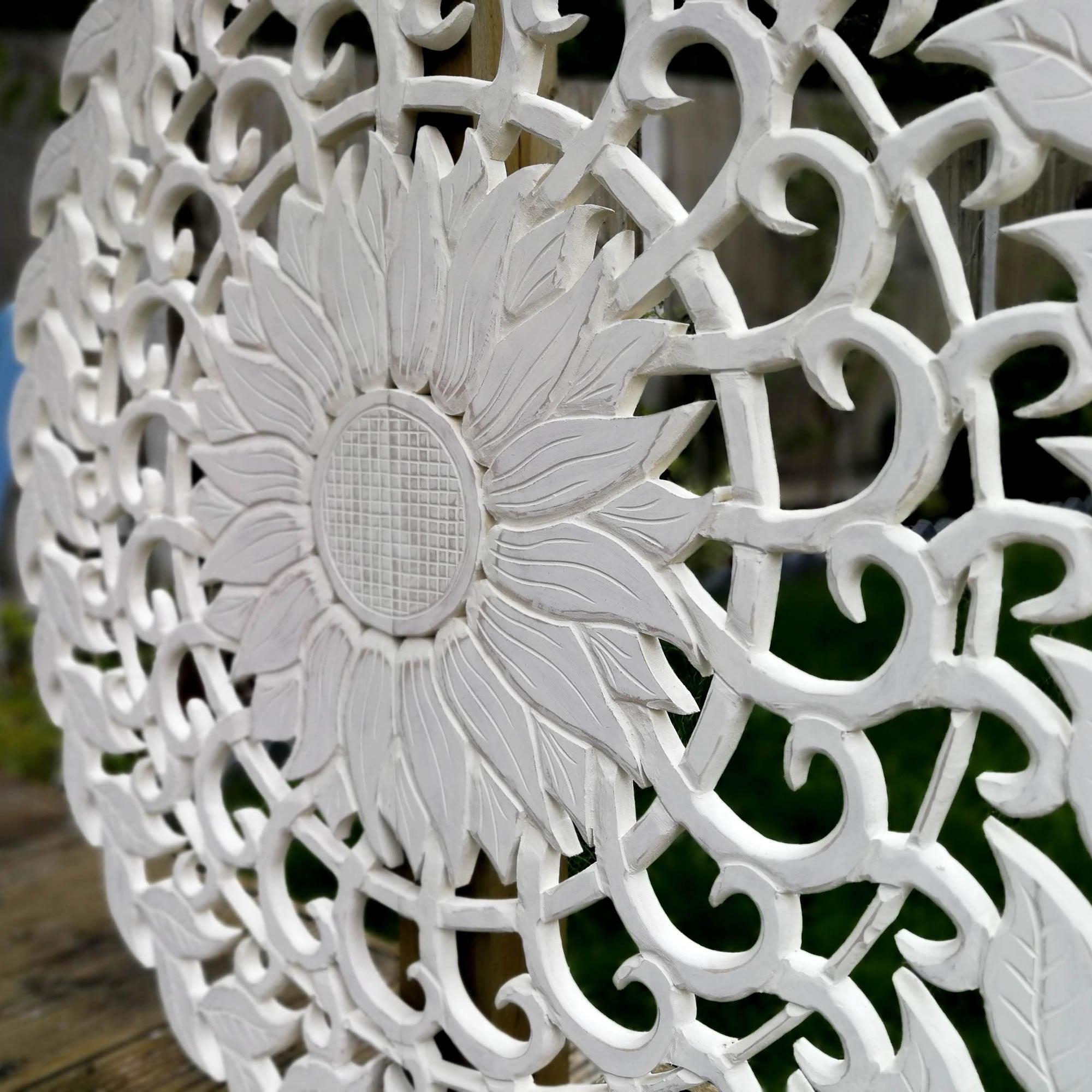 Carved Wooden Wall Art - Large Decorative Mandala Nature Eco Panel Headboard Sculpture 48" inches Round Distressed Shabby Chic White