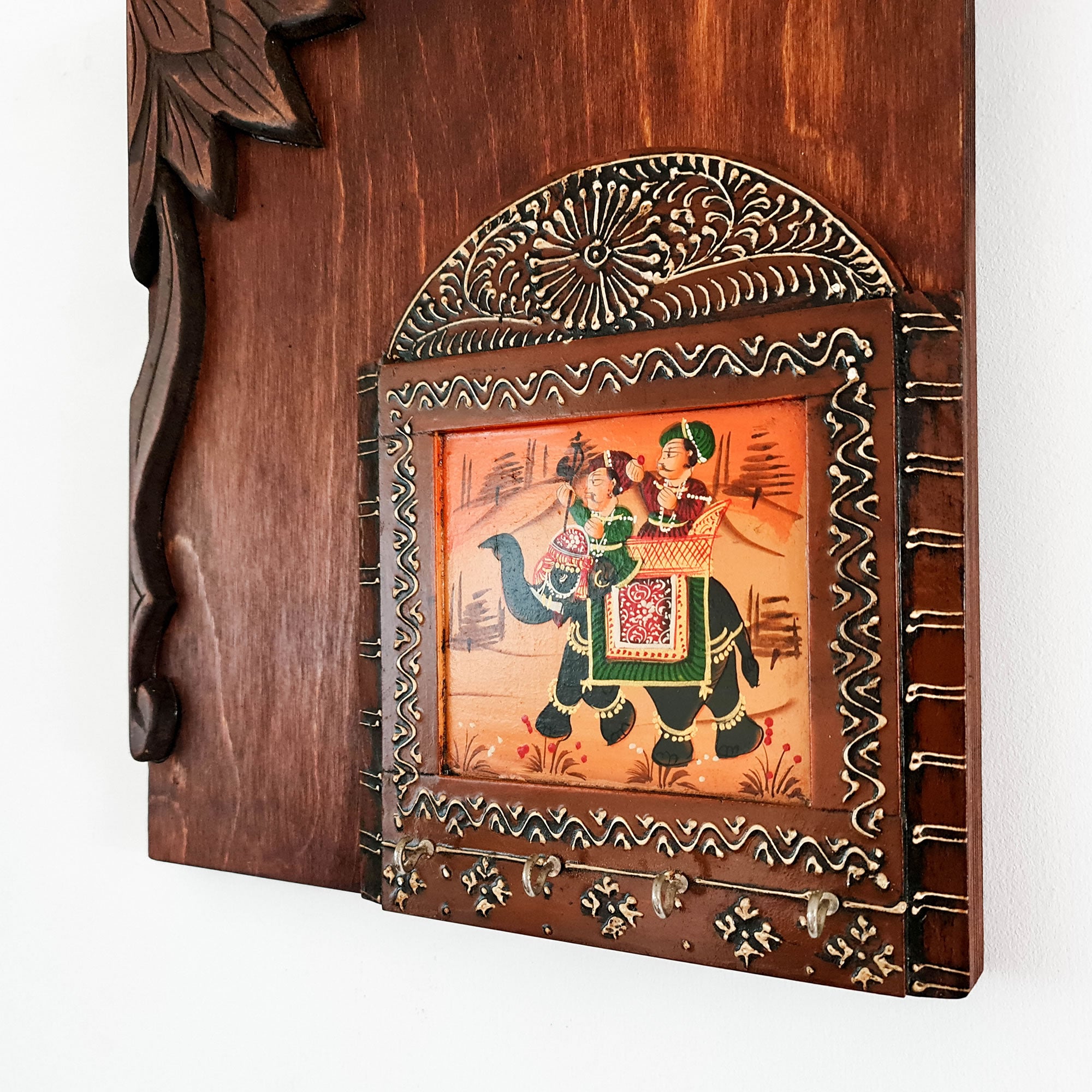 Handmade Hand-painted Carved Wood Wall Art Decorative Hanging Key Holder Hooks Storage