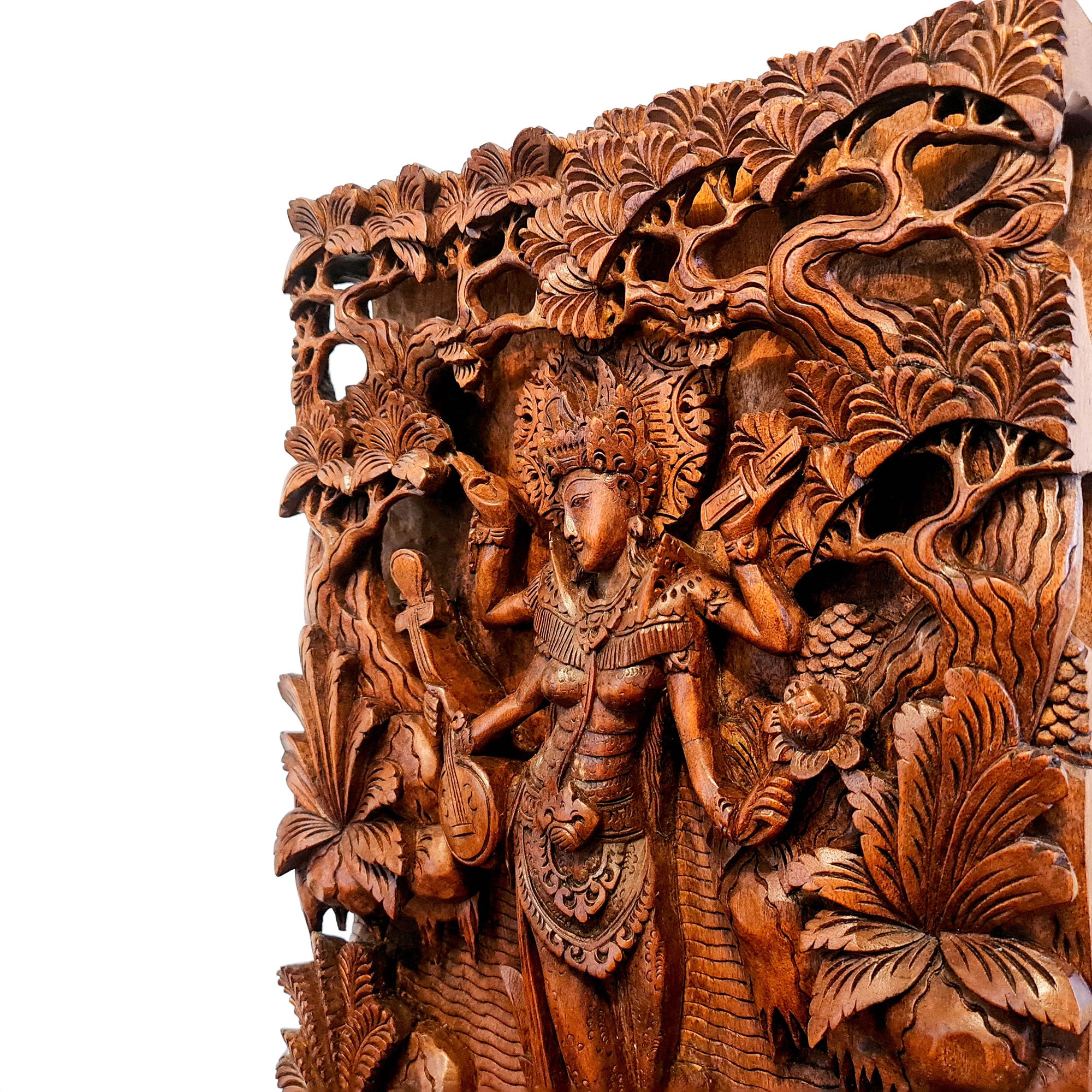Goddess Saraswati Carved Wooden Decorative Hindu Mandir Sculpture Art - Easternada