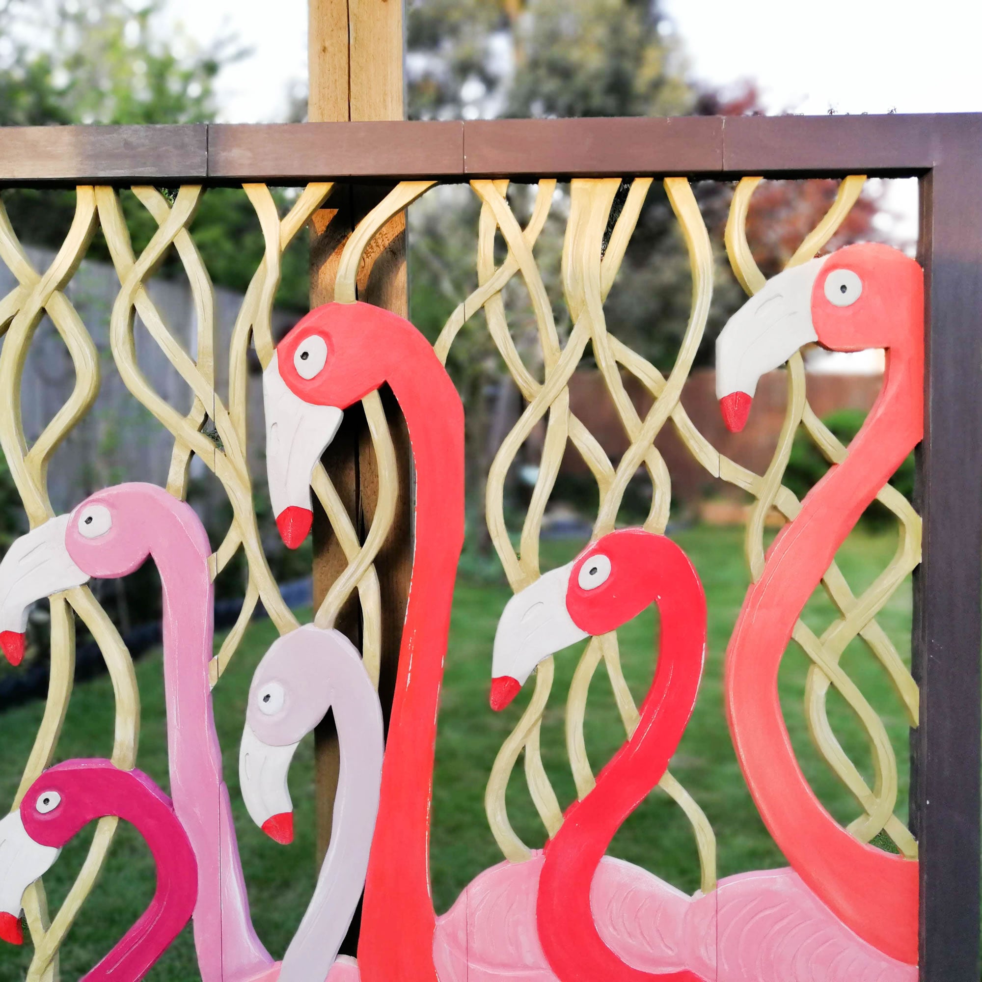 Carved Painted Wooden Wall Art - Large Headboard Decorative Flamingos