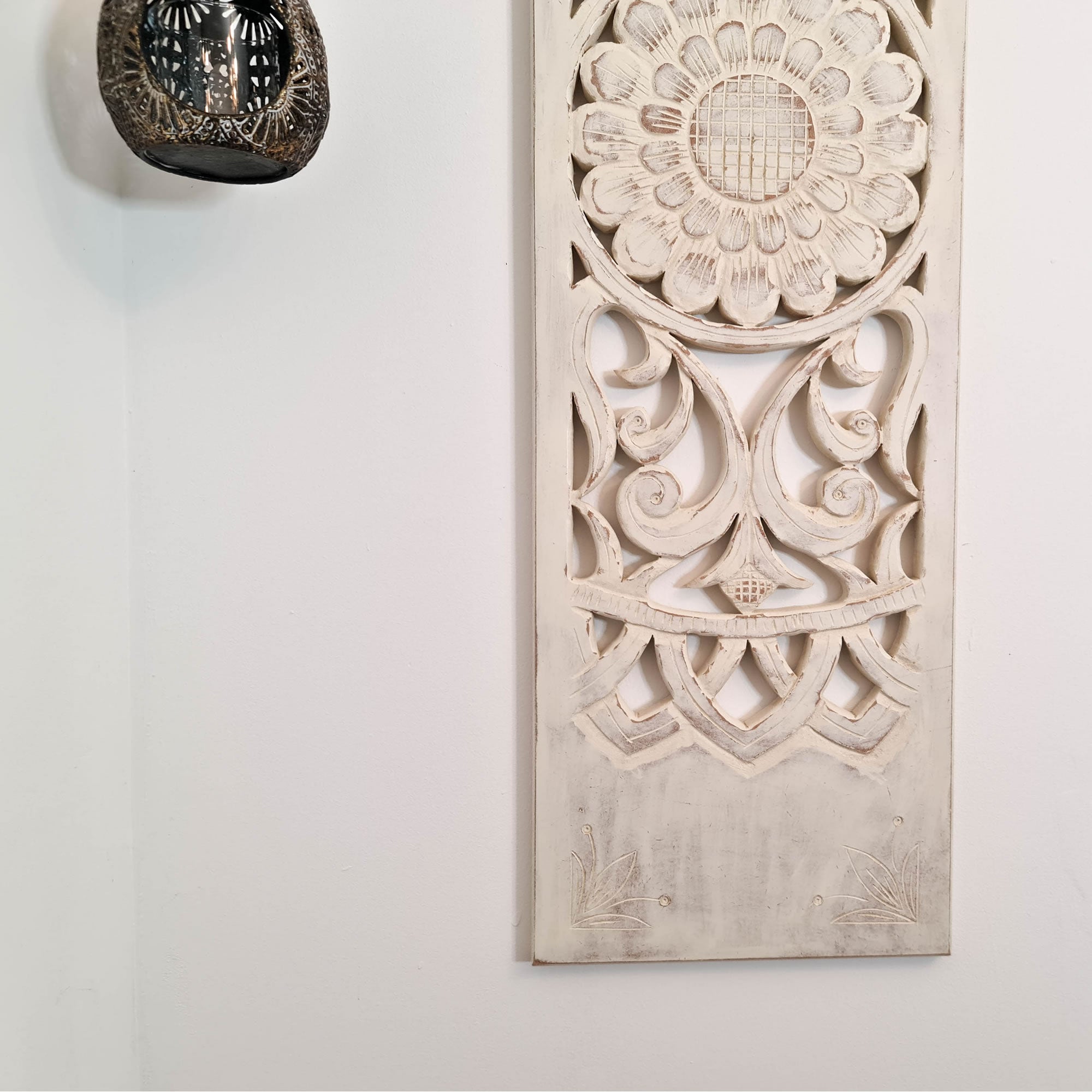 Hand Carved Wooden Wall Art - Distressed White Decorative Mandala Yoga Panel