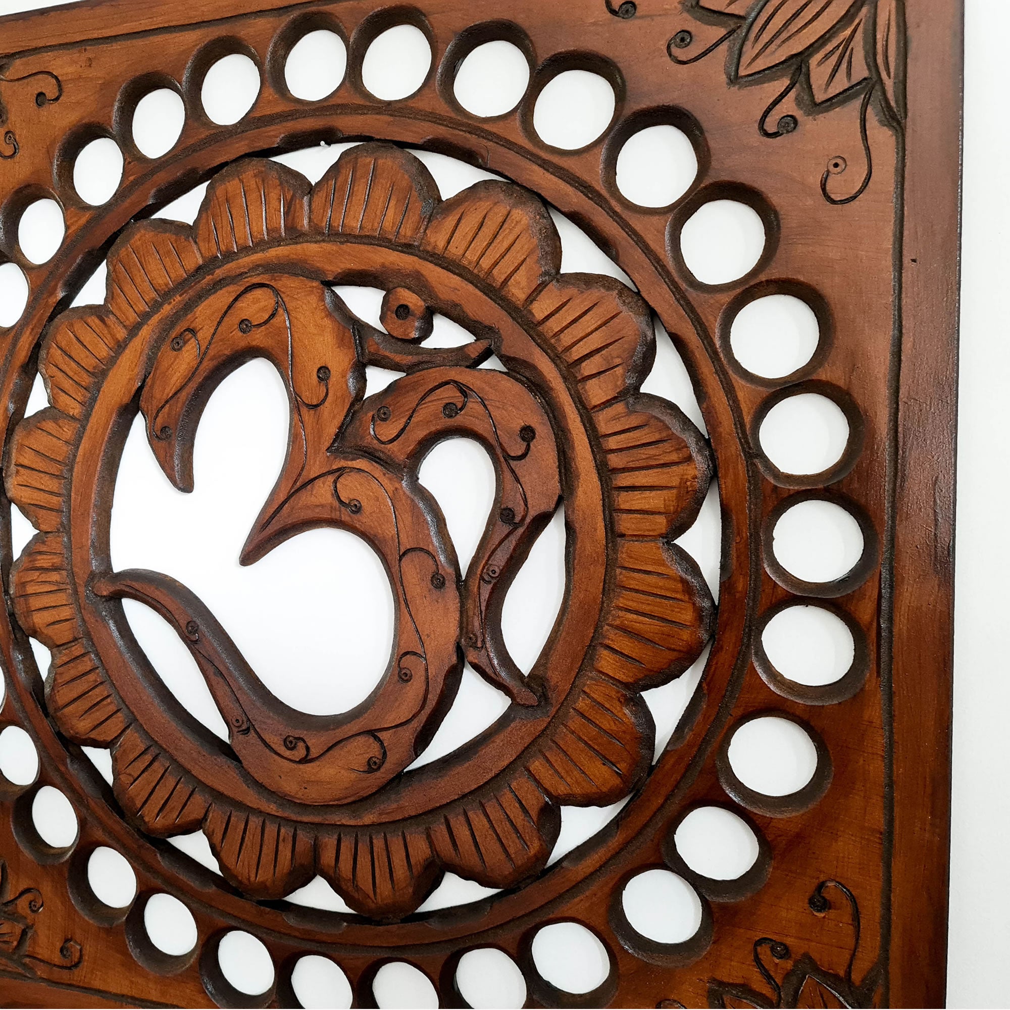 Handmade Carved Wooden Decorative Wall Art OM Mantra Mandir Meditation - Easternada